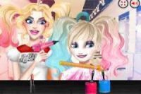 Harley Quinn combs and makes up the princesses